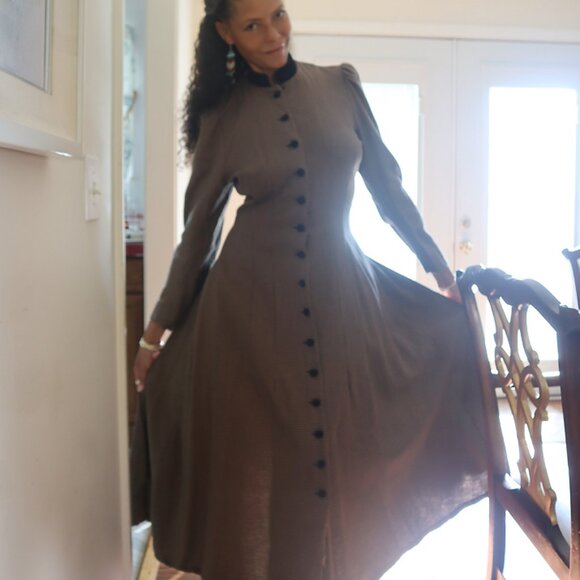 Vintage J. Peterman Black and Dusky Goldenrod Houndstooth Dress - Picture 1 of 6